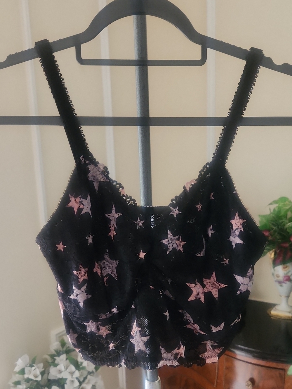 Torrid Black Lace Bra Cami Lingerie. Black w/ Pink Stars Print, Semi-Sheer Lacy